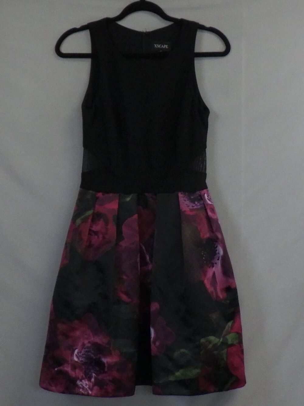 Xscape Illusion Floral Print Fit & Flare Dress in Black/Magenta  A707